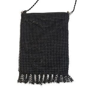 Black Beaded Evening Bag Womens Small Fringe Purse Crossbody Chain Strap Vintage